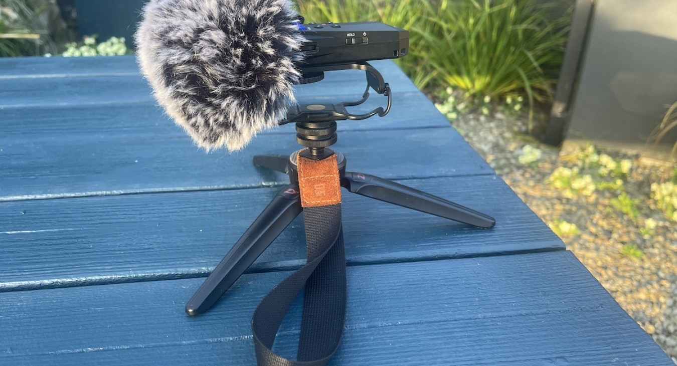 Small Zoom audio recorder on tripod sitting on a blue table. Large furry 'dead cat' covers microphone. Garden foliage in background.